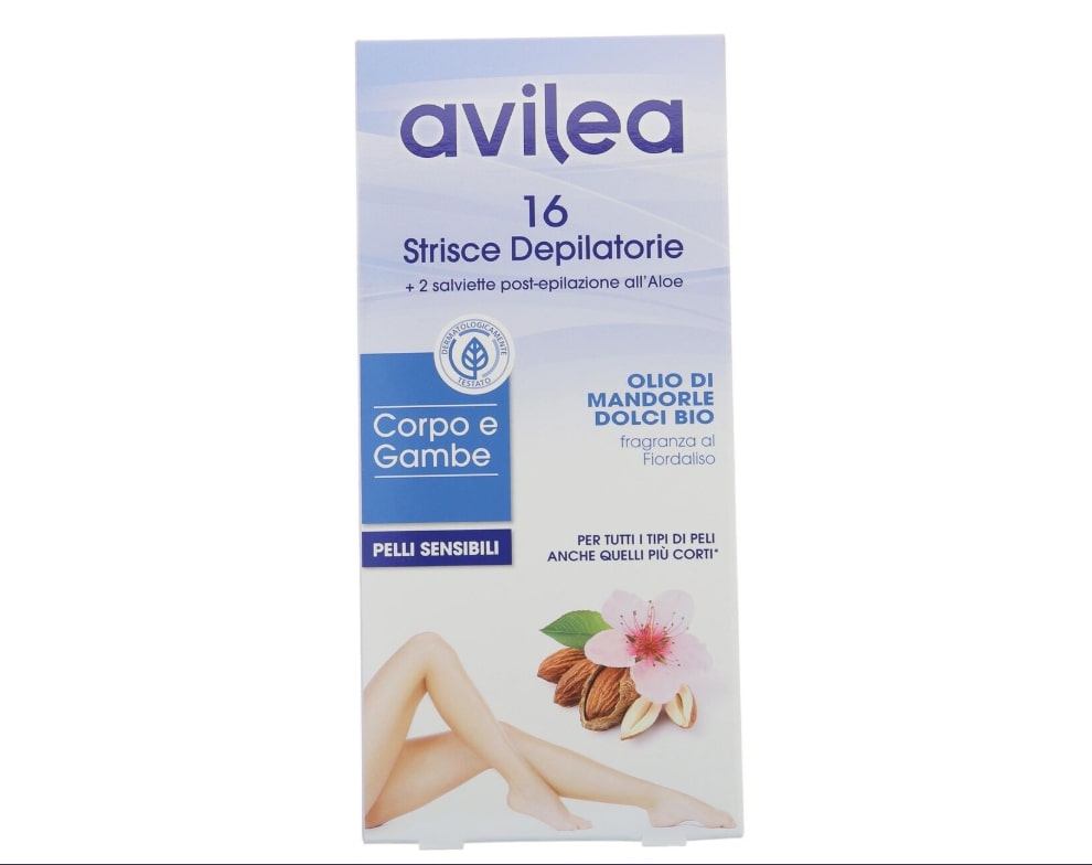 AVILEA STRISCE DEPILATORIE CORPO E GAMBE 16+2 SALVIETTE POST-EPILAZIONE PELLI SENSIBILI OLIO DI MANDORLE DOLCI BIO FRAGRANZA AL FIORDALISO