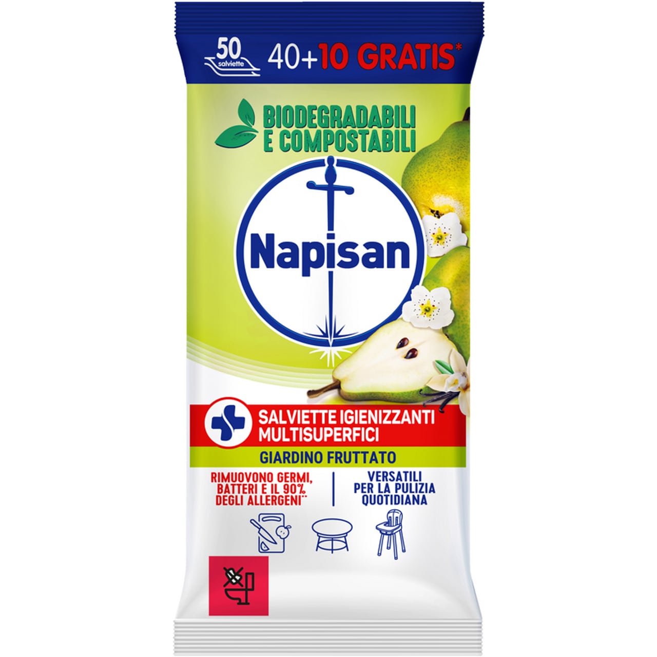 NAPISAN SALVIETTE IGIENIZZANTI MULTISUPERFICI 40+10PZ GIARDINO FRUTTATO