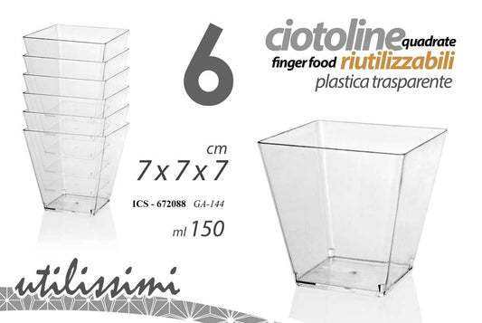 GICOS 6 CIOTOLINE QUADRATE FINGER FOOD RIUTILIZZABILI PLASTICA TRASPARENTE CM.7X7X7 150ML