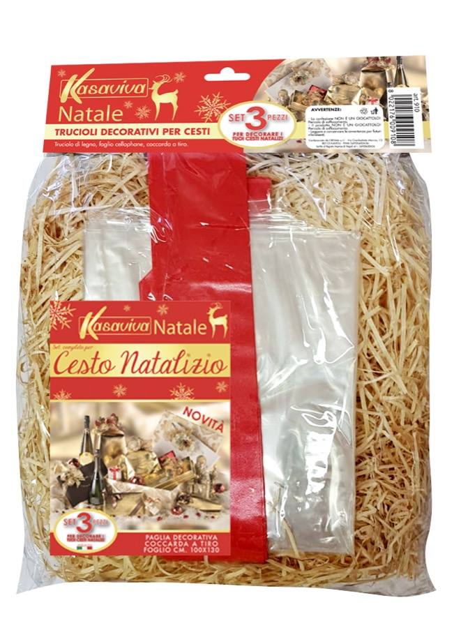 KASAVIVA NATALE CESTO NATALIZIO SET 3PZ PAGLIA DECORATIVA TRUCIOLI COCCARDA A TIRO FOGLIO CM.100X130