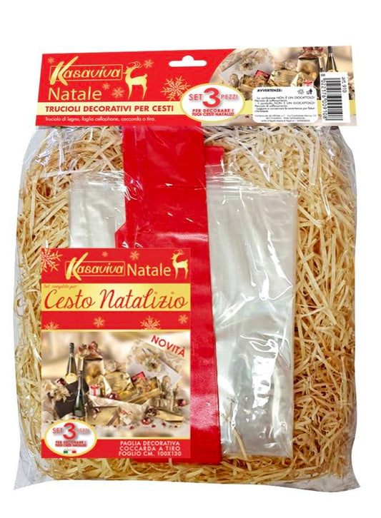 KASAVIVA NATALE CESTO NATALIZIO SET 3PZ PAGLIA DECORATIVA TRUCIOLI COCCARDA A TIRO FOGLIO CM.100X130