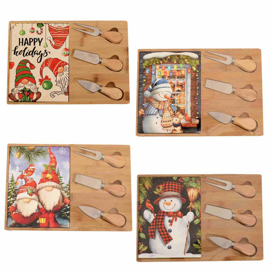 KASAVIVA NATALE TAGLIERE SNOWY CON COLTELLI IN BAMBOO E CERAMICA CM.21,5X30,5H ASSORTITO