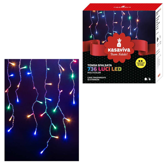 KASAVIVA NATALE TENDA SFALSATA 736 LUCI LED MULTICOLOR 92 STRINGHE CAVO TRASPARENTE CON CONNETTORE PER UNIRE PIU' TENDE
