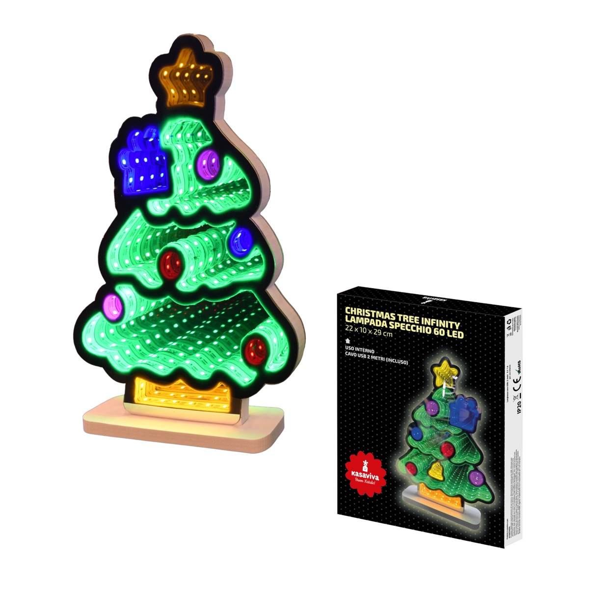 KASAVIVA NATALE CHRISTMAS TREE INFINITY LAMAPADA SPECCHIO 60 LED CM.22X10X29