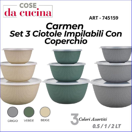 COSENTINO CARMEN SET 3 CIOTOLE IMPILABILI CON COPERCHIO 0,5/1/2L COLORI ASSORTITI