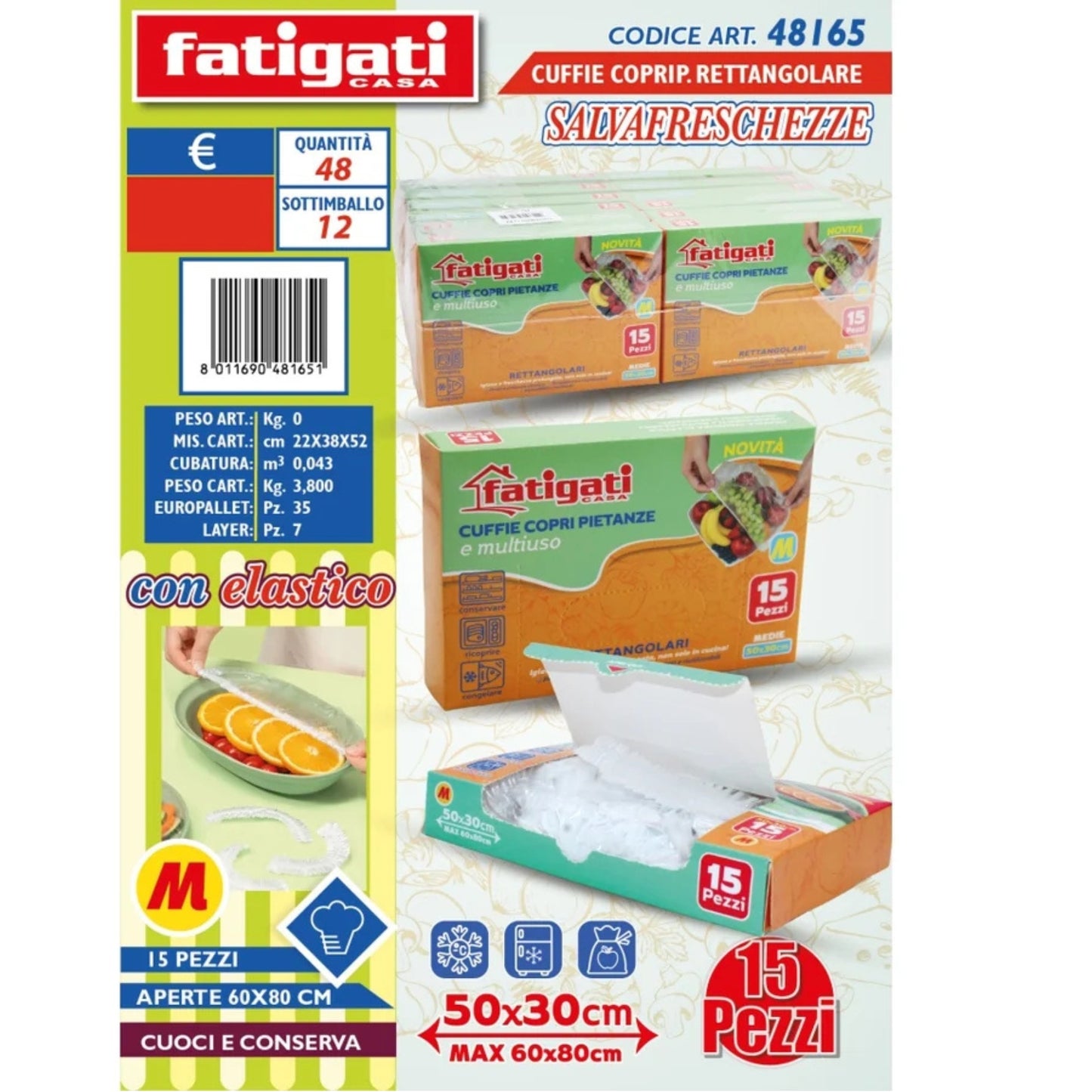 FATIGATI CUFFIE COPRI PIETANZE E MULTIUSO RETTANGOLARE SALVAFRESCHEZZE CM.50X30 15PZ ART.48165